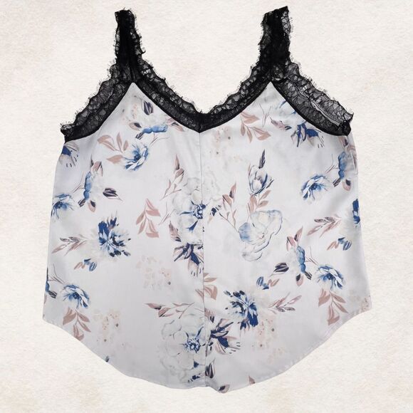 Cami XL Blue Pink Floral Lace Trim Edge Boho V Neck Romantic Lightweight Blouse - Picture 6 of 8